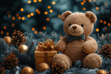 Cute teddy bear in knitted style with a bow on his neck, sitting among holiday decorations.  