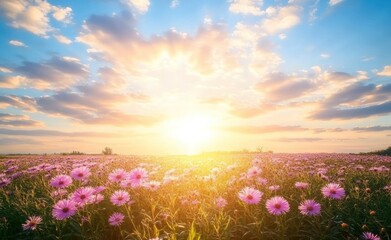 Obraz premium A vibrant sunrise over a field of blooming flowers, radiating warmth and tranquility.