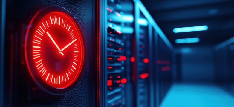 Red clock in server room, digital technology environment, illuminated servers, data center ambiance - Powered by Adobe