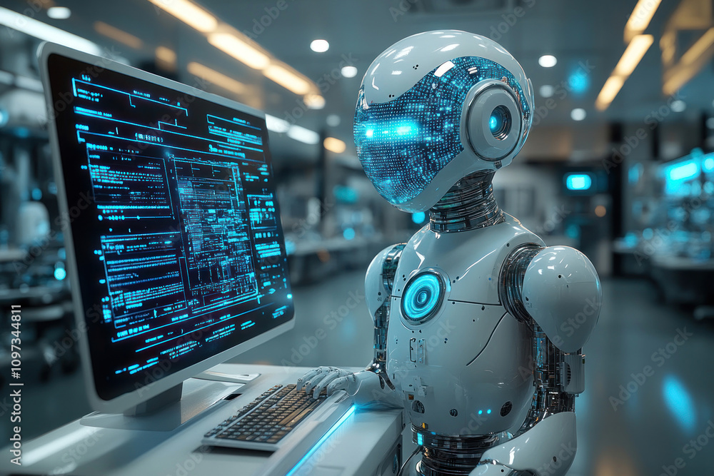 Poster an android with a metal body and a digital interface on its face, working at a computer in a high-te