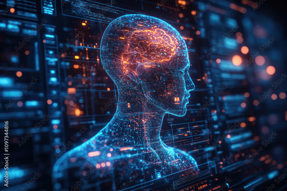 Poster digital illustration depicting the outline of a human head and brain, made in the form of network li