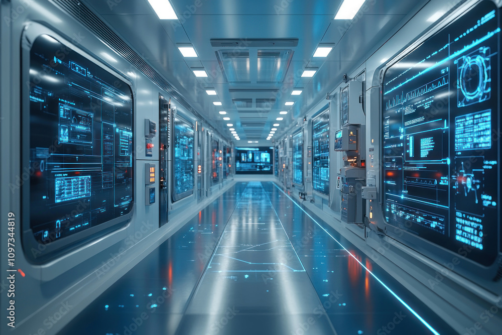 Poster an image of a futuristic technology corridor with advanced interfaces on screens along the walls.