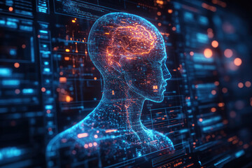 Digital illustration depicting the outline of a human head and brain, made in the form of network lines and glowing dots, symbolizing the work of artificial intelligence,  