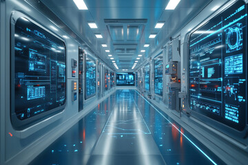 Obraz premium An image of a futuristic technology corridor with advanced interfaces on screens along the walls. 