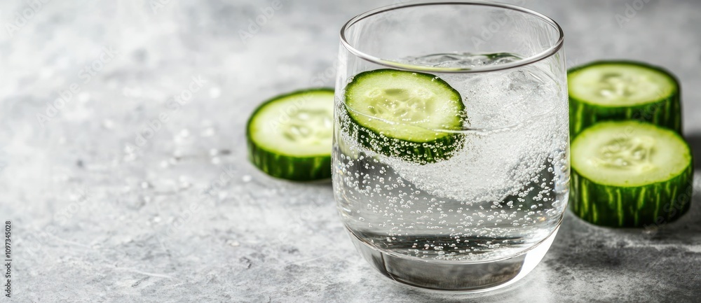 Poster a refreshing drink with cucumber slices, ideal for hydration and relaxation.