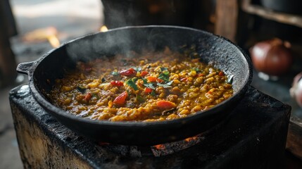 A steaming pot of colorful lentil dish cooking over an open flame.