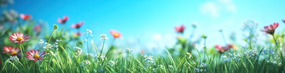 A vibrant field of flowers under a clear blue sky, evoking a sense of tranquility.