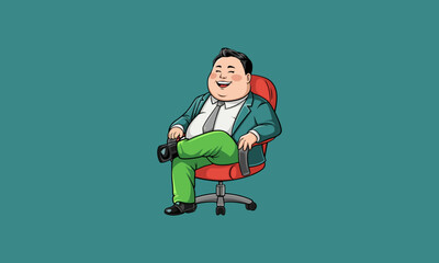 Relaxed man in a suit sitting and smiling on a red chair.