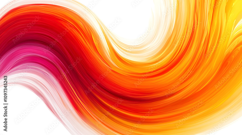 Poster brush laying on a gradient swirl of gradient-colored paint that transitions from red to orange to ye