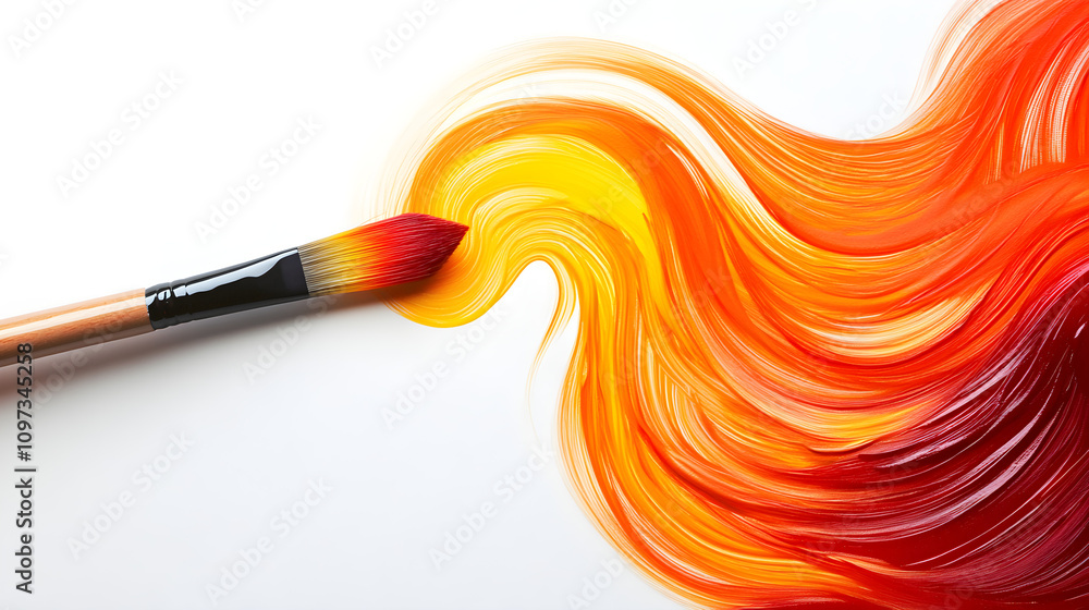 Poster brush laying on a gradient swirl of gradient-colored paint that transitions from red to orange to ye