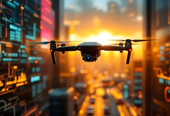 a drone with camera in a flight over the city skyline