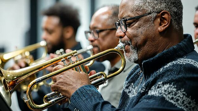 A group of musicians playing trumpets in a rehearsal setting.