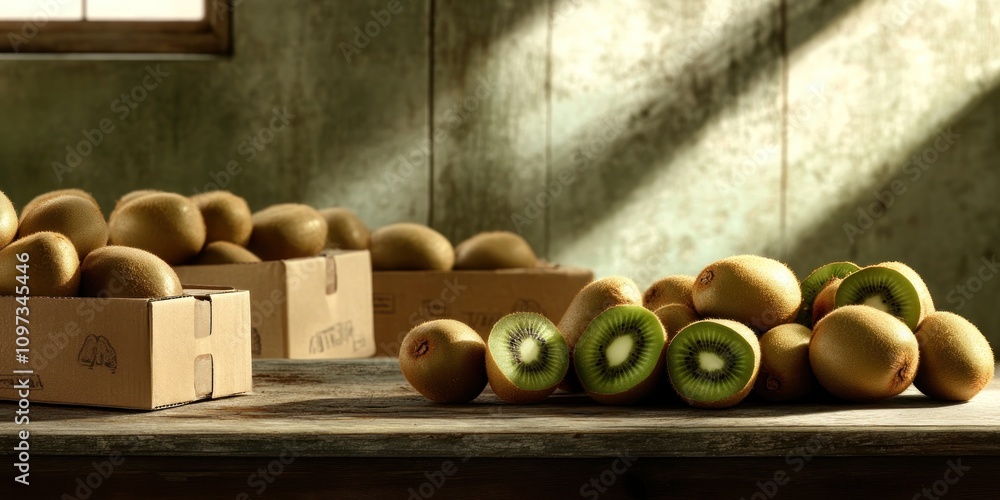 Poster a rustic setting featuring whole and sliced kiwis on a wooden table with boxes.