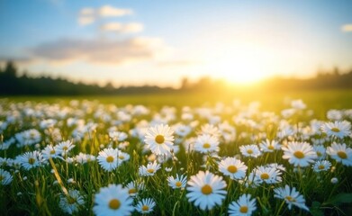 Obraz premium A sunlit field of daisies under a bright sky, evoking peace and natural beauty.