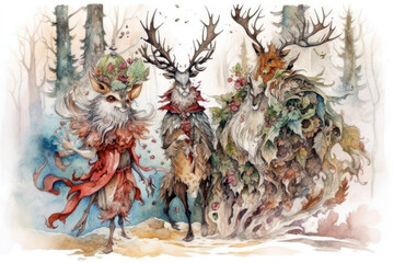 Fototapeta premium Three mystical forest creatures reminiscent of nature spirits. 