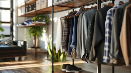 Naklejka premium Modern minimalist wardrobe with clothes hanging on rack, shoes, and plants.