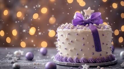 A beautifully decorated cake with purple accents, set against a festive, blurred background.