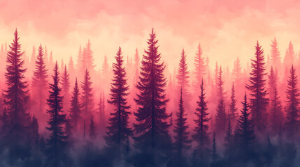 tall trees in a forest at sunset, with a gradient background transitioning from red to pink. The silhouettes of pine 