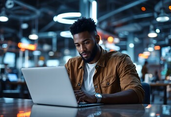 African american man in a cafe using laptop - remote work idea