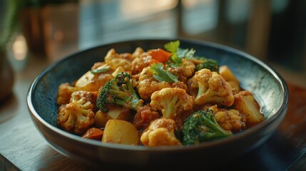 A vibrant bowl of vegetable curry featuring cauliflower, broccoli, and potatoes.
