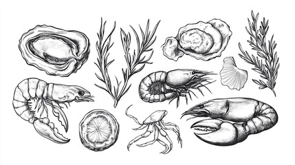 Detailed black and white illustration of seafood and herbs arranged artistically