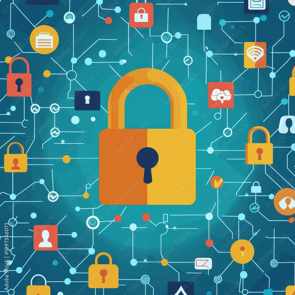Poster digital padlock with icons of security surrounding it