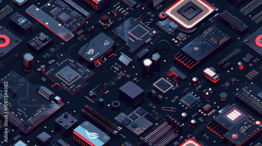 Aufkleber a close-up view of a complex circuit board featuring various components, chips, and connections, hig