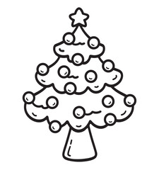 Christmas tree, snowflakes, Christmas balls, garlands, lights, decorations, coloring. Hand drawn vector illustration. Coloring book pages for adults and kids. Merry Christmas, New year