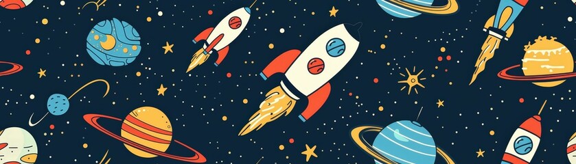 Naklejka premium A whimsical space-themed illustration featuring colorful rockets, planets, and stars against a dark background.