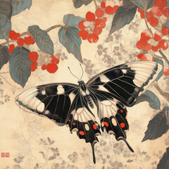 large and detailed drawing of a butterfly, made in oriental style.  