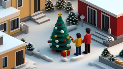 Holiday celebration residential neighborhood 3d illustration winter landscape aerial view festive atmosphere