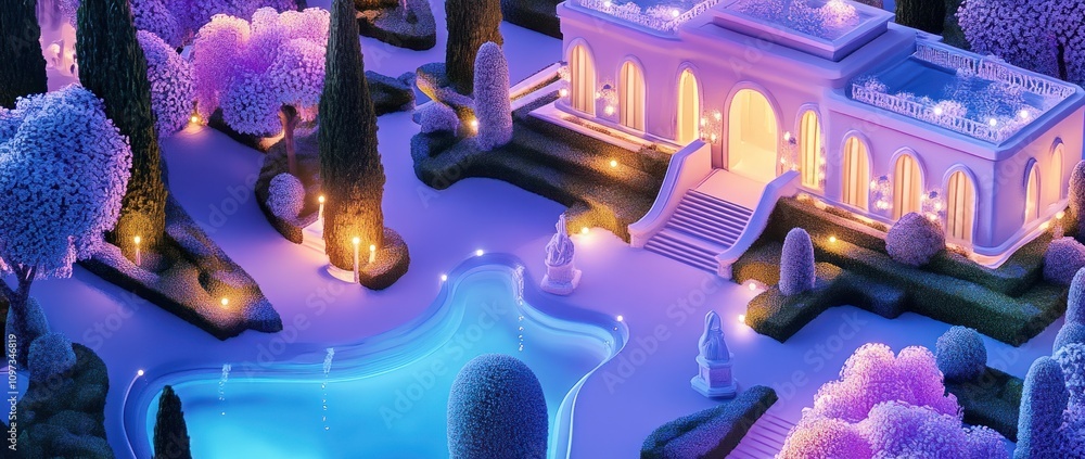 Poster a serene nighttime garden with a glowing pool and elegant architecture surrounded by trees.