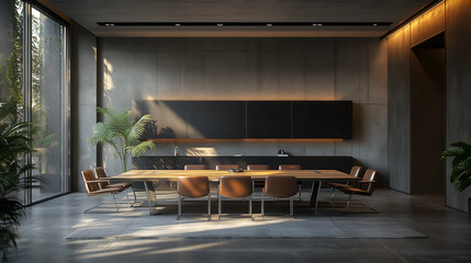  industrial-style meeting room with a long wooden table and leather chairs, grey walls, a concrete floor, black wood cabinets on the wall, natural light from a window, 