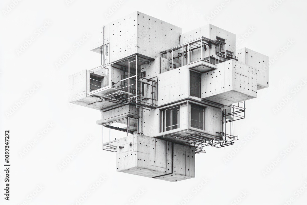 Poster abstract monochrome architectural model of a complex, multi-level building composed of concrete cube
