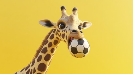 Obraz premium A cartoon giraffe playfully holds a soccer ball in its mouth against a bright yellow background.