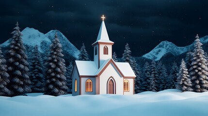 Winter evening church scene snowy mountains digital art serene environment panoramic view peaceful concept