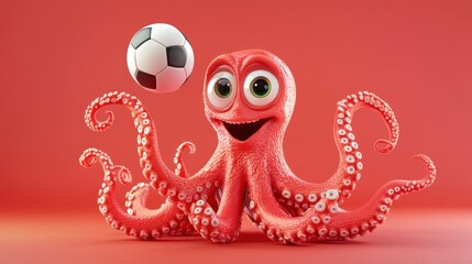 A cheerful cartoon octopus playing with a soccer ball against a vibrant background.