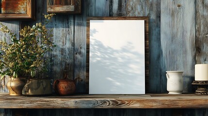 Blank Canvas Mockup Rustic Wooden Background Setting