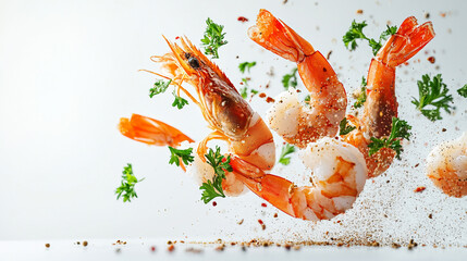 Shrimp being seasoned with fresh herbs in a kitchen setting