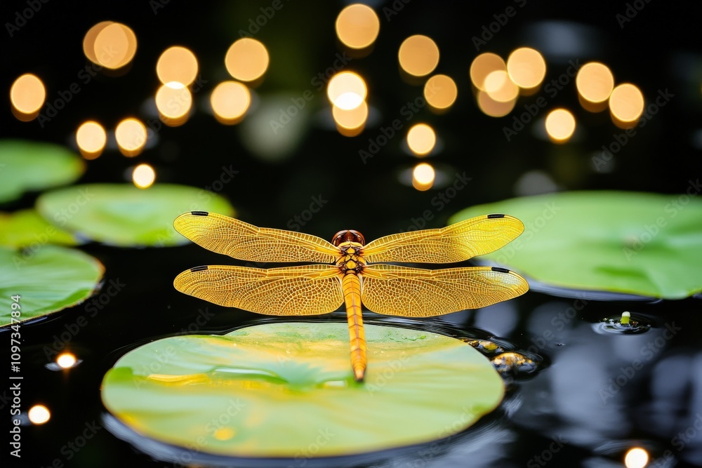 Poster golden dragonfly resting on a water lily surrounded by illuminated bokeh captured with precision to 