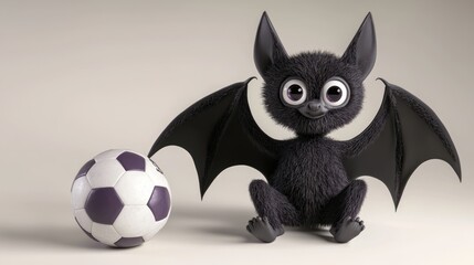 Fototapeta premium A cute cartoon bat character sitting next to a soccer ball, showcasing a playful design.