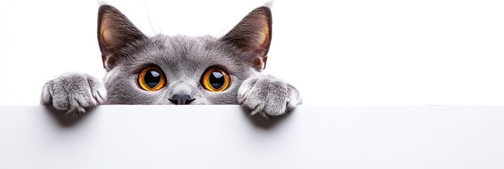 A curious gray cat with large orange eyes peeks over a white surface.