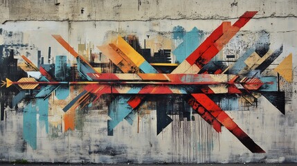 Abstract arrow graffiti mural on weathered concrete wall.
