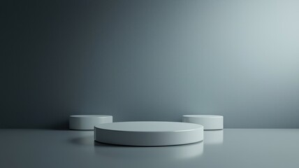 Three White Cylindrical Platforms on a Grey Background