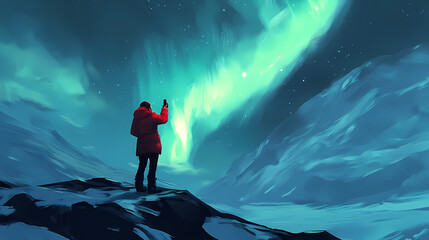 In winter clothing, a person captures the northern lights' magical dance. Majestic Aurora Trail. Illustration