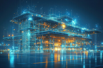 A futuristic digital building concept created from glowing lines and dots, reminiscent of virtual architecture or 3D graphics design. 