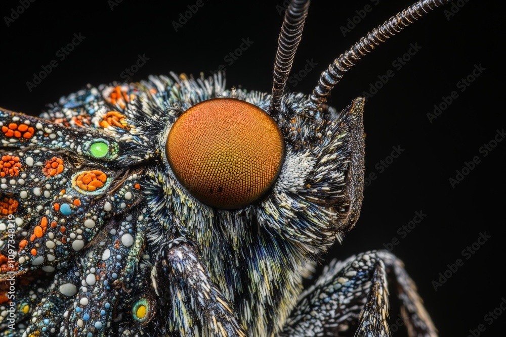 Poster close up macro of a moth with intricate patterned wings and prominent red compound eyes captured aga