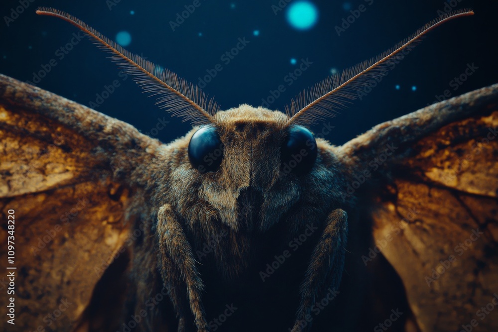 Poster atmospheric close up of a brown and gold moth resting in soft ambient lighting highlighting the text