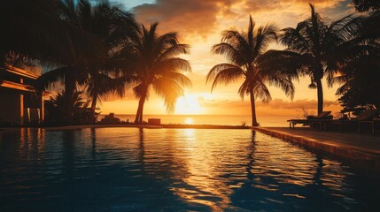 Tropical Sunset Paradise: Poolside Relaxation at Golden Hour