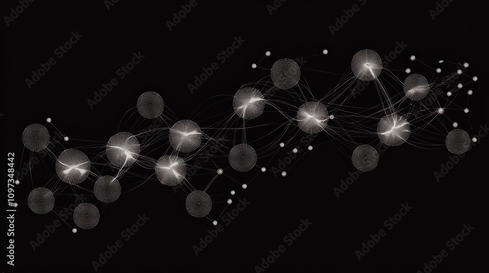 Poster abstract network of interconnected glowing nodes and lines on a black background.